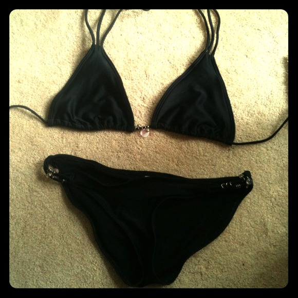 Black bikini with pink sequined accents