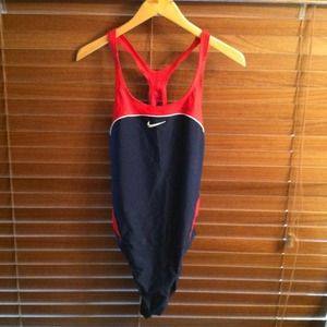 Nike Navy, Red, and White one piece swim suit.