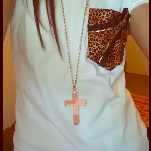 Coral Glitter Cross Pendant Necklace