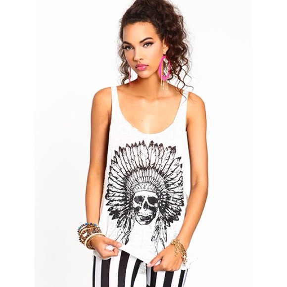Tops - Indian Chief Skull Headdress Tank (White) Tops - Indian Chief Skull Headdress Tank (White)