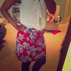 Red wrap around skirt blue flowers and white.