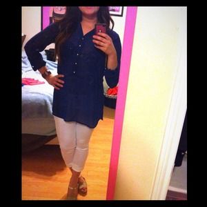 Sheer, navy, button down tunic with gold buttons