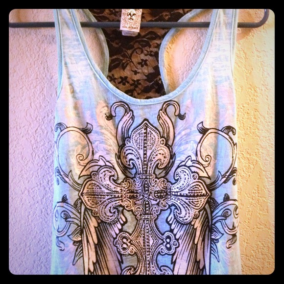 Light blue tank with lace back.