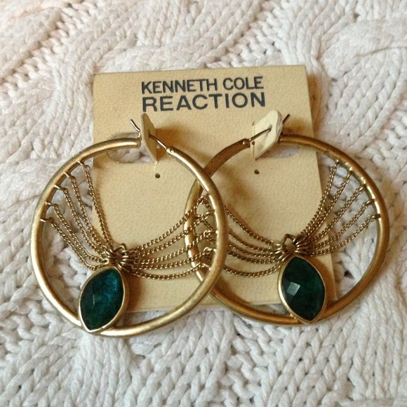 Kenneth Cole gold tone hoops w/ teal/green accent