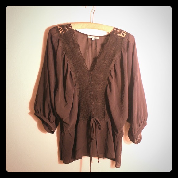 Dark gray see-through blouse with lace detail
