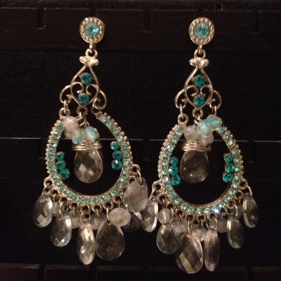 Turquoise silver and crystal chandelier earrings
