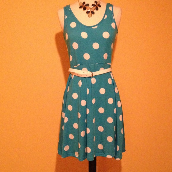 NWOT dotted blue dress with white belt