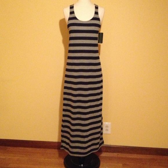 Grey and navy blue stripe maxi dress