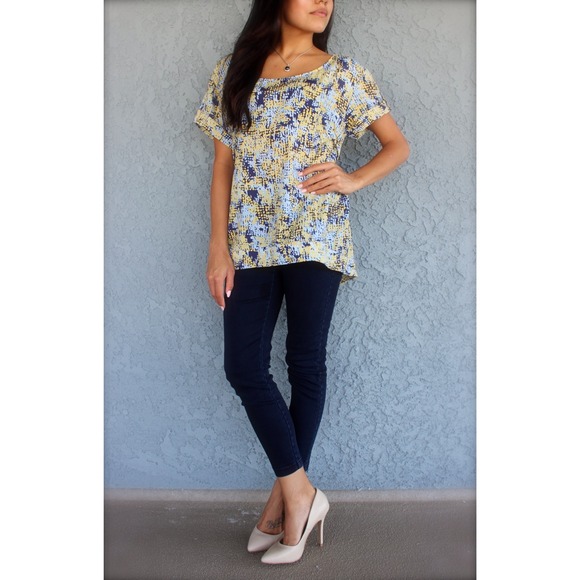 BCBG Blue and Yellow Pattern Top