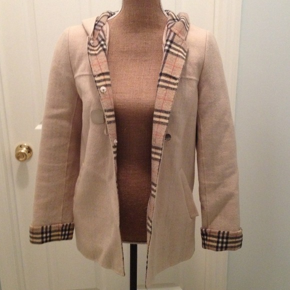 Plaid hooded wool jacket with toggles