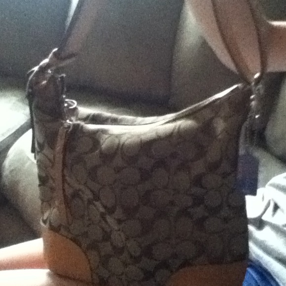 Authentic tan & brown shoulder purse leather trim