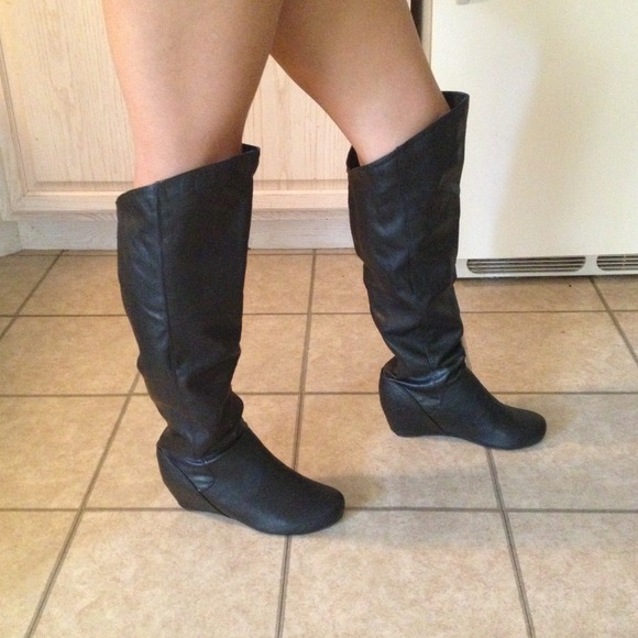 Black knee high wedged boots