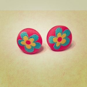 Pink with turquoise flower fabric earrings.