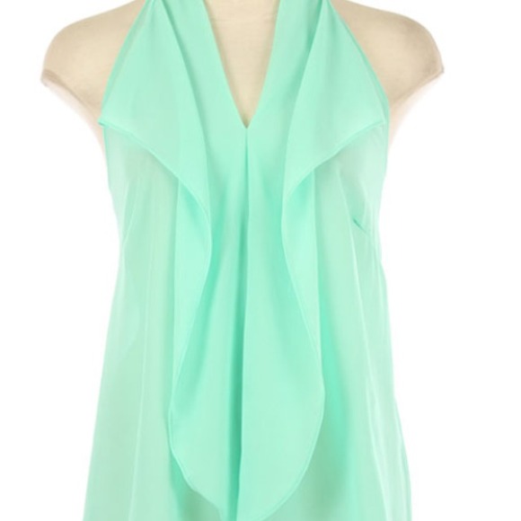 Cascade ruffle vneck chiffon halter top.