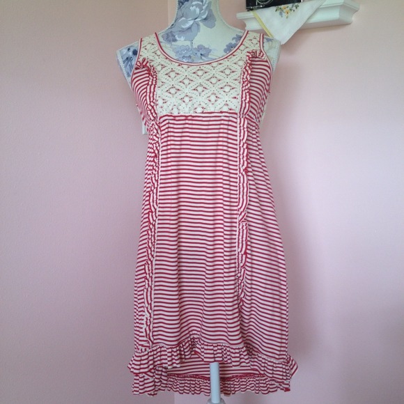 Red & Cream Striped Lace and Ruffle Dress