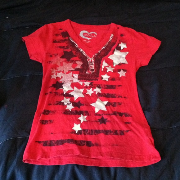 Red V Neck T-Shirt Stars and Zipper