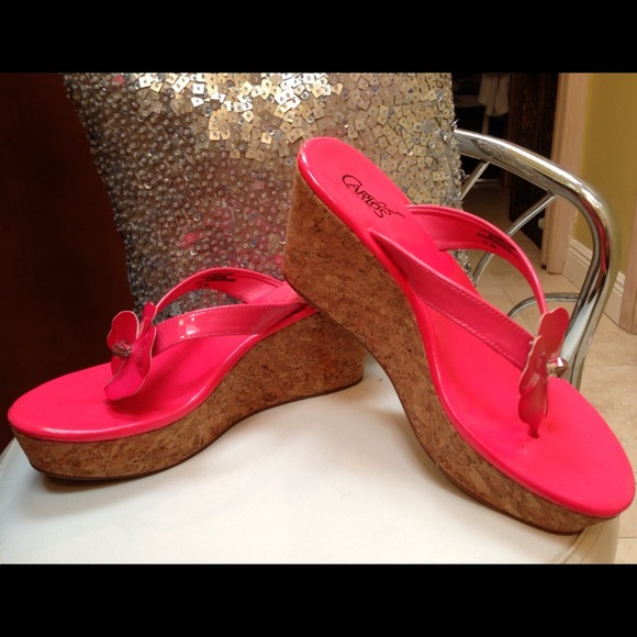 Patent Leather Hot Coral Cork Wedges 8M