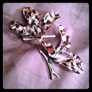 Leopard print silk flower hair clips