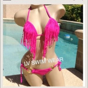 Fuchsia pink  tassel fringe scrunch butt bikini