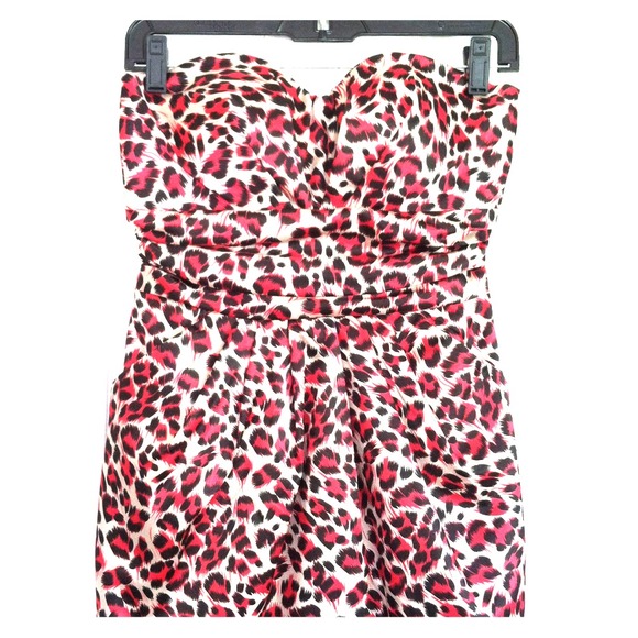 Red and black animal print strapless dress.
