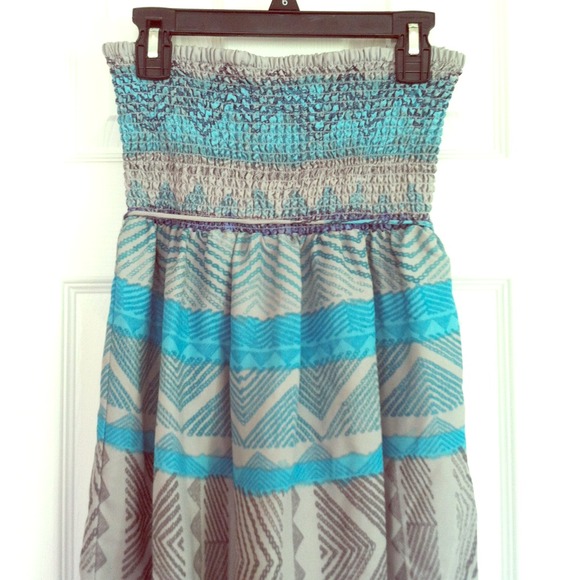 Blue and gray tube dress.