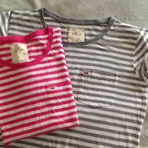 2 Hollister shirts, M. Grey/white & pink/white.