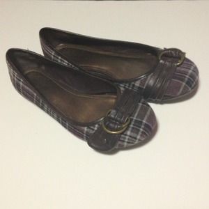 Purple and brown plaid flats