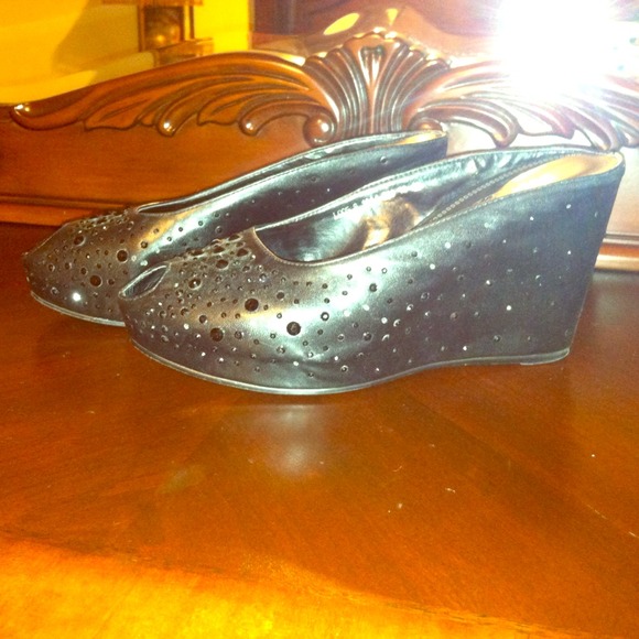 Black open toe wedges with rhinestones