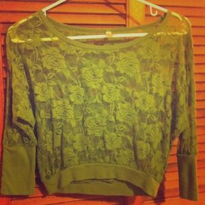 Green floral lace, mid-sleeved blouse