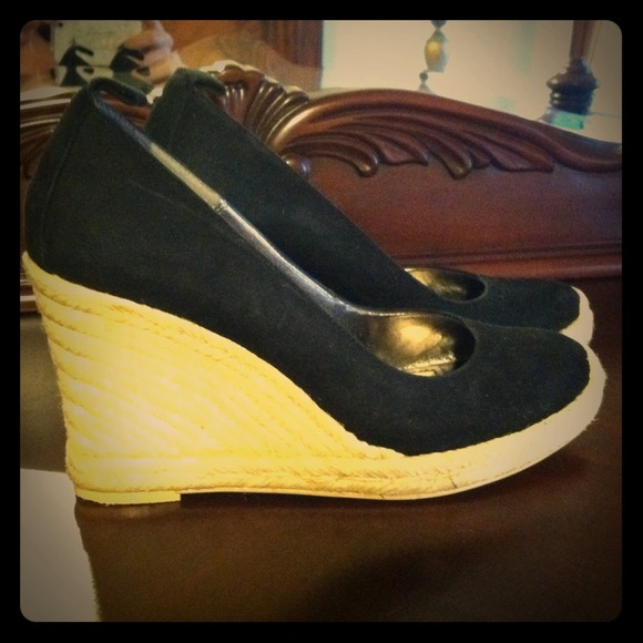 Beige and black wedges