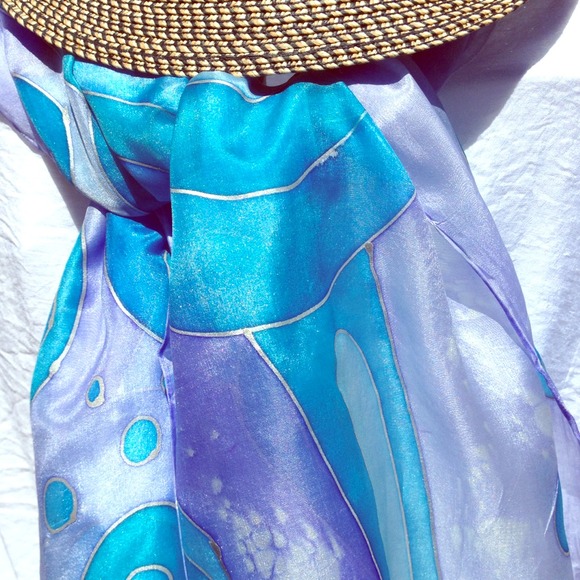 Hand painted Silk Scarf "Blue Journey" 17x70in