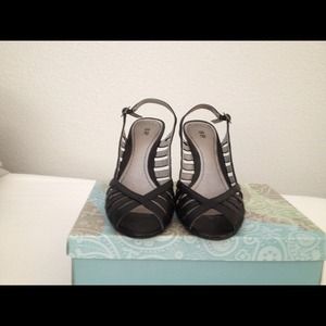 Black strappy sling back heel