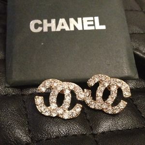 Gold tone CC rhinestone earrings