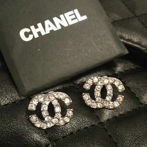 Silver tone CC rhinestone earrings
