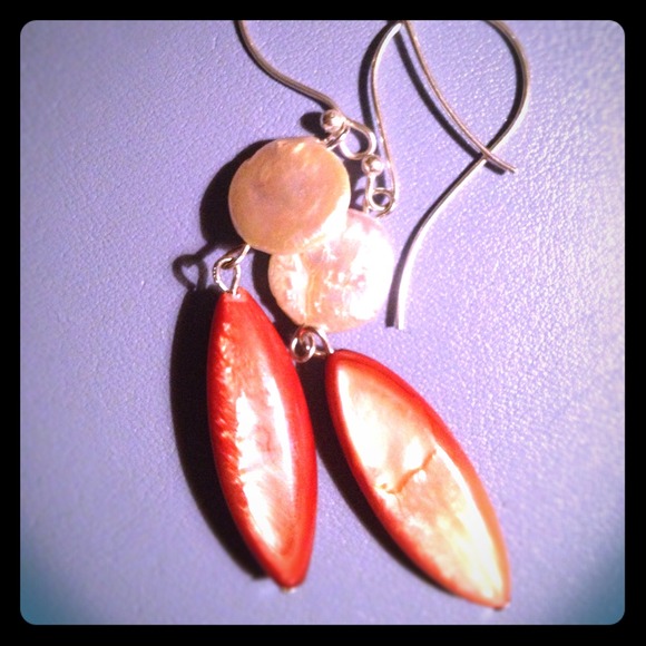Sterling Freshwater Pearl & Coral Shell Earrings
