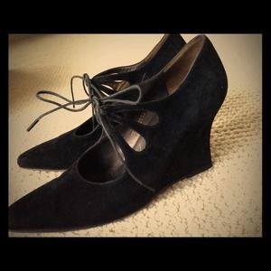 Ferragamo black suede wedge maryjanes