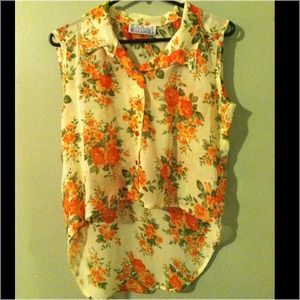 Yellow floral print high-low blouse