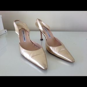 Manolo Blahnik pointy toe gold back strap heels