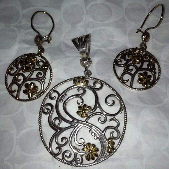 Sterling Silver & 18k Gold Pendant & Earrings