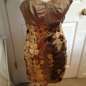 Strapless gold large sequin cocktail dress