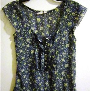 Mudd chiffon floral blue green ruffle blouse
