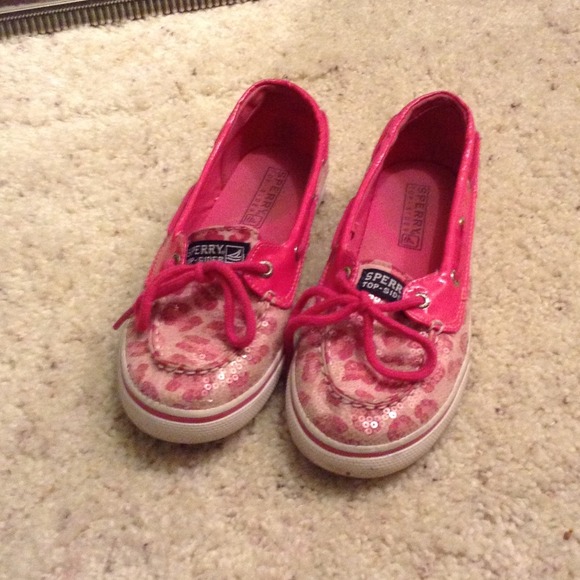 Girls pink leopard sequined Sperrys-fit womens 5