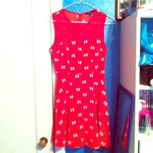 Size small red and white dress with bow pattern.
