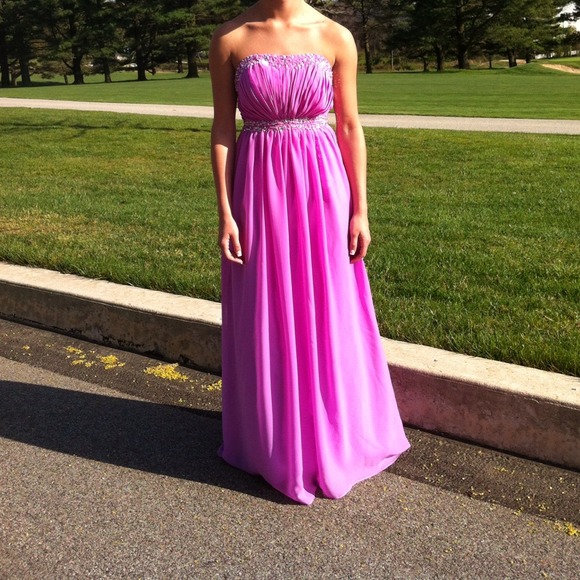 strapless purple prom dress