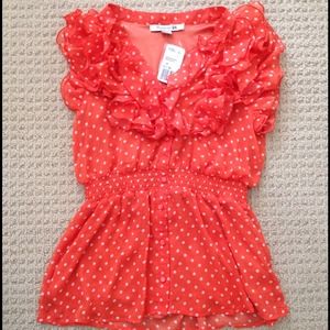 Forever 21 Orange Polka Dot Woven V Neck Top