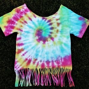 Fringe Off-The-Shoulder Tie Dye Shirt.
