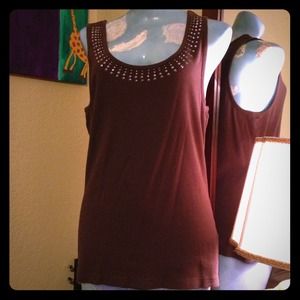 Brown tank with sequence around neck line