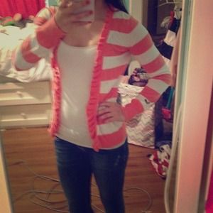 Coral and white striped cardigan