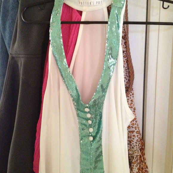 Sleeveless racerback tank with blue sequin trim - Picture 1 of 4