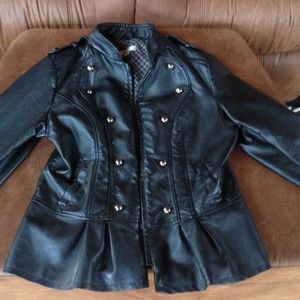 military style faux leather black jacket.TRADED